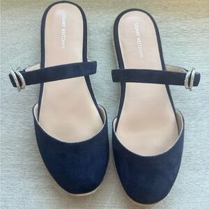 Stuart Weitzman Black Suede Mules with Gold Accents